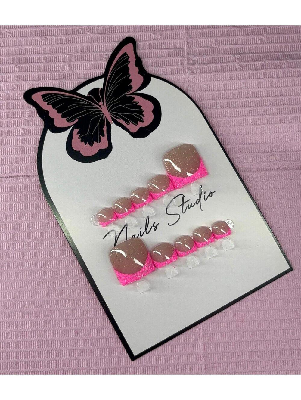 Press on toenails pink glitter French tips handmade custom builder gel nude